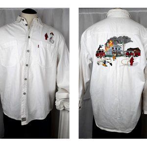 RARE Vintage Levi's Mens White Embroidered Button Up Shirt Rivets Red Tab Large
